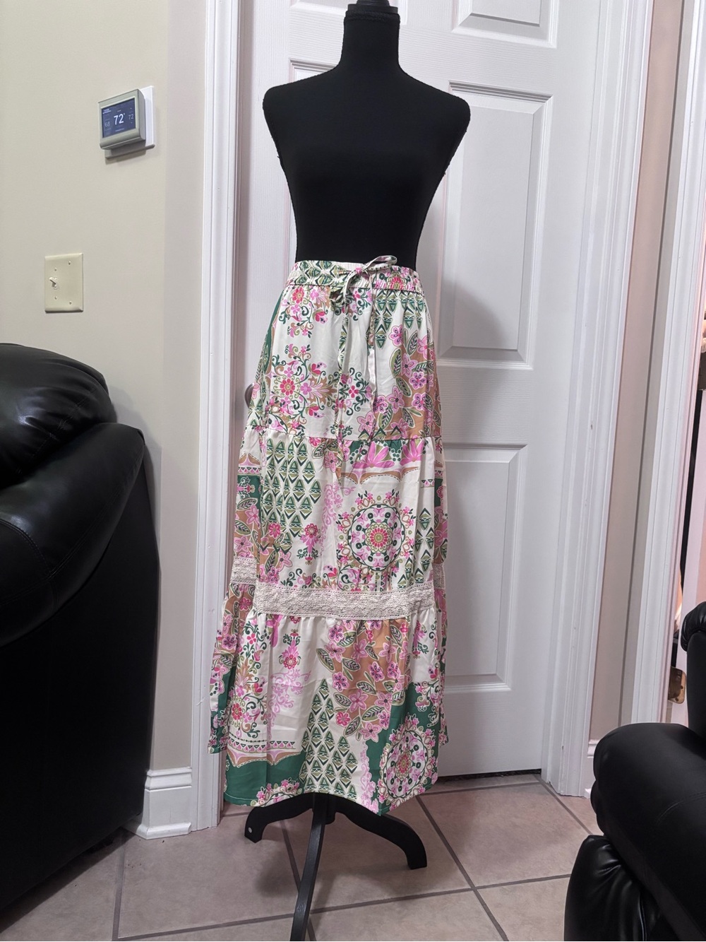 Cupio Cream Maxi Skirt with Pink and Green Patchwork Floral Print